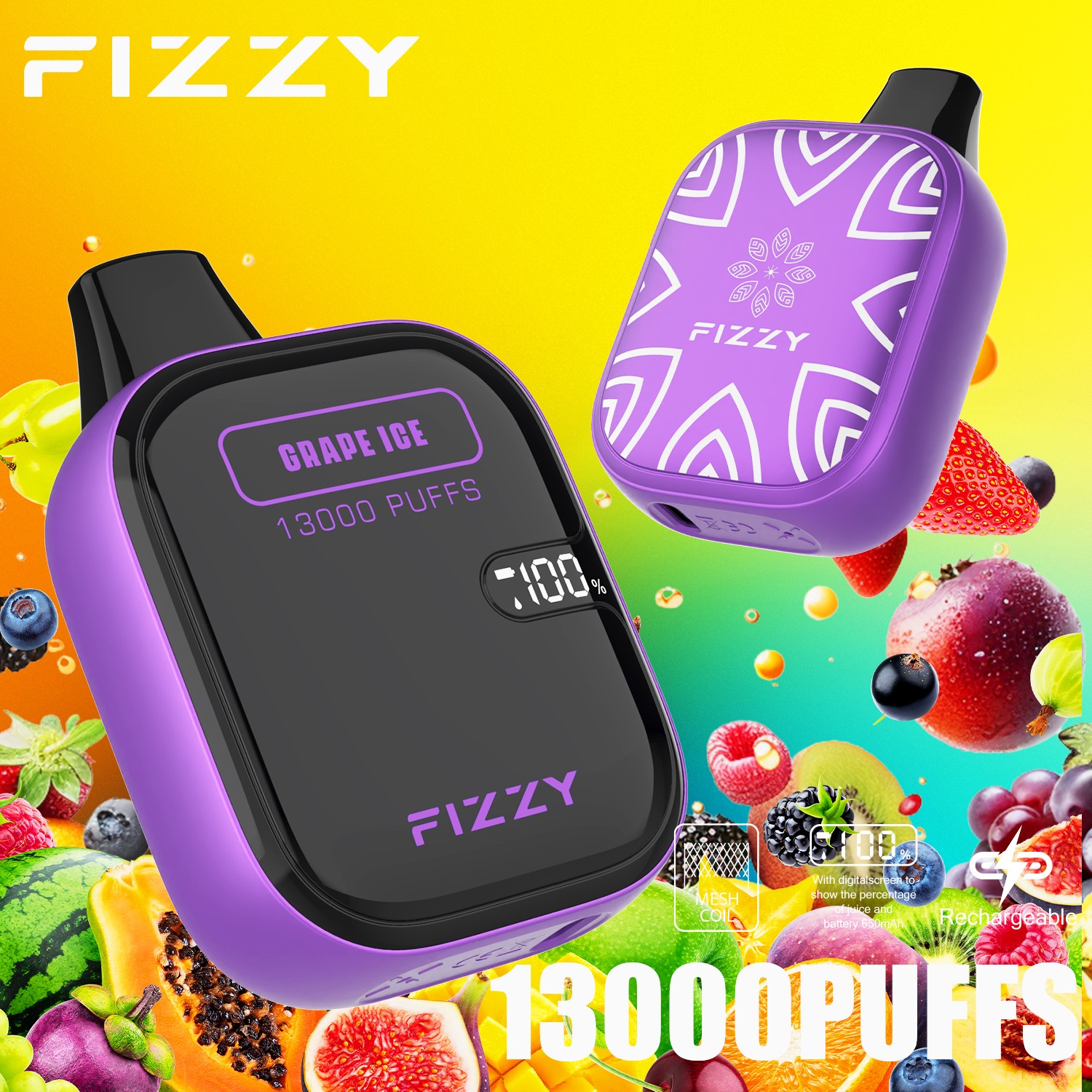 Fizzy Boom 13000 13K Puffs Small Edition LCD Display Disposable Vape in Grape Ice flavor
