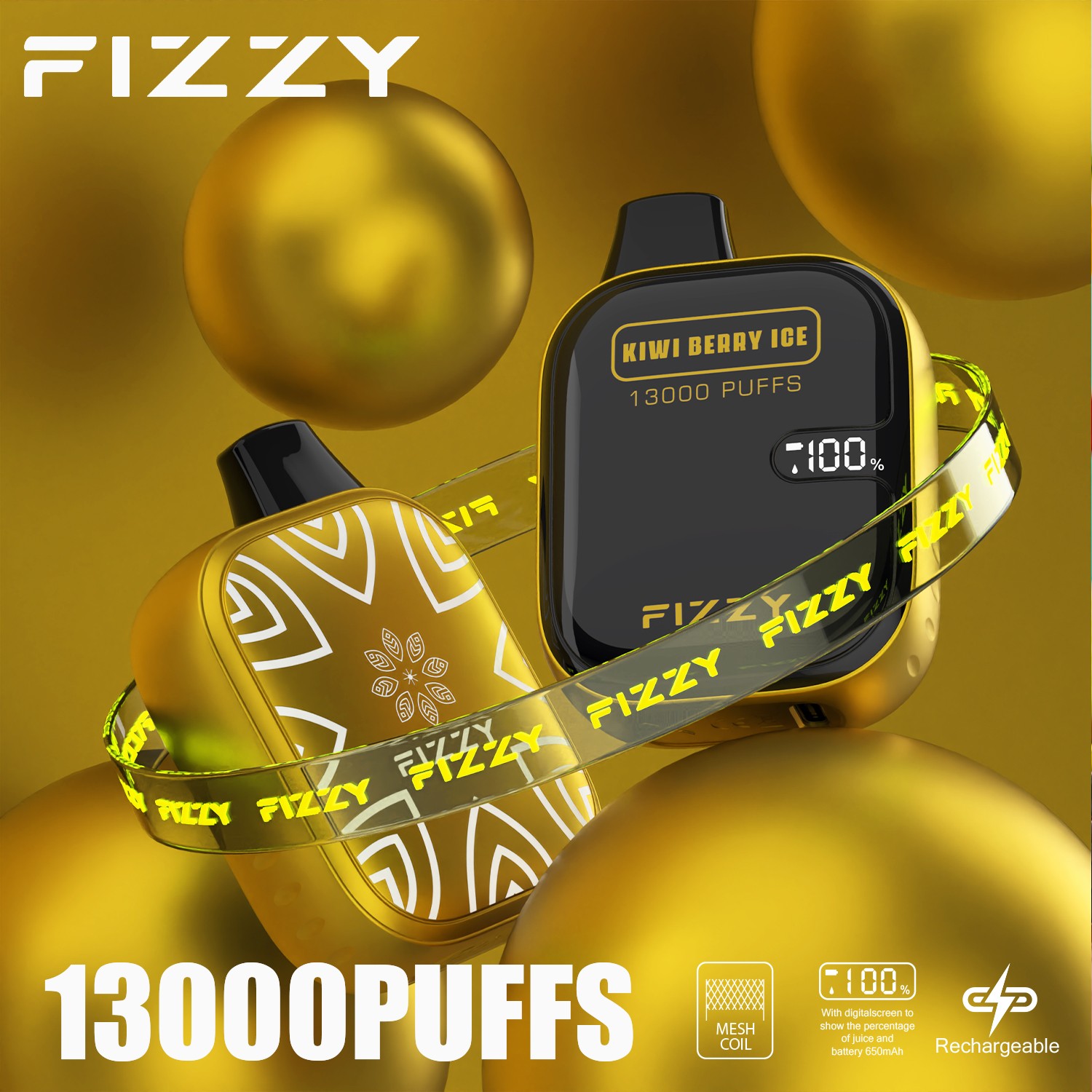 Fizzy Boom 13000 13K Puffs Small Edition LCD Display Disposable Vape in Kiwi Berry Ice flavor