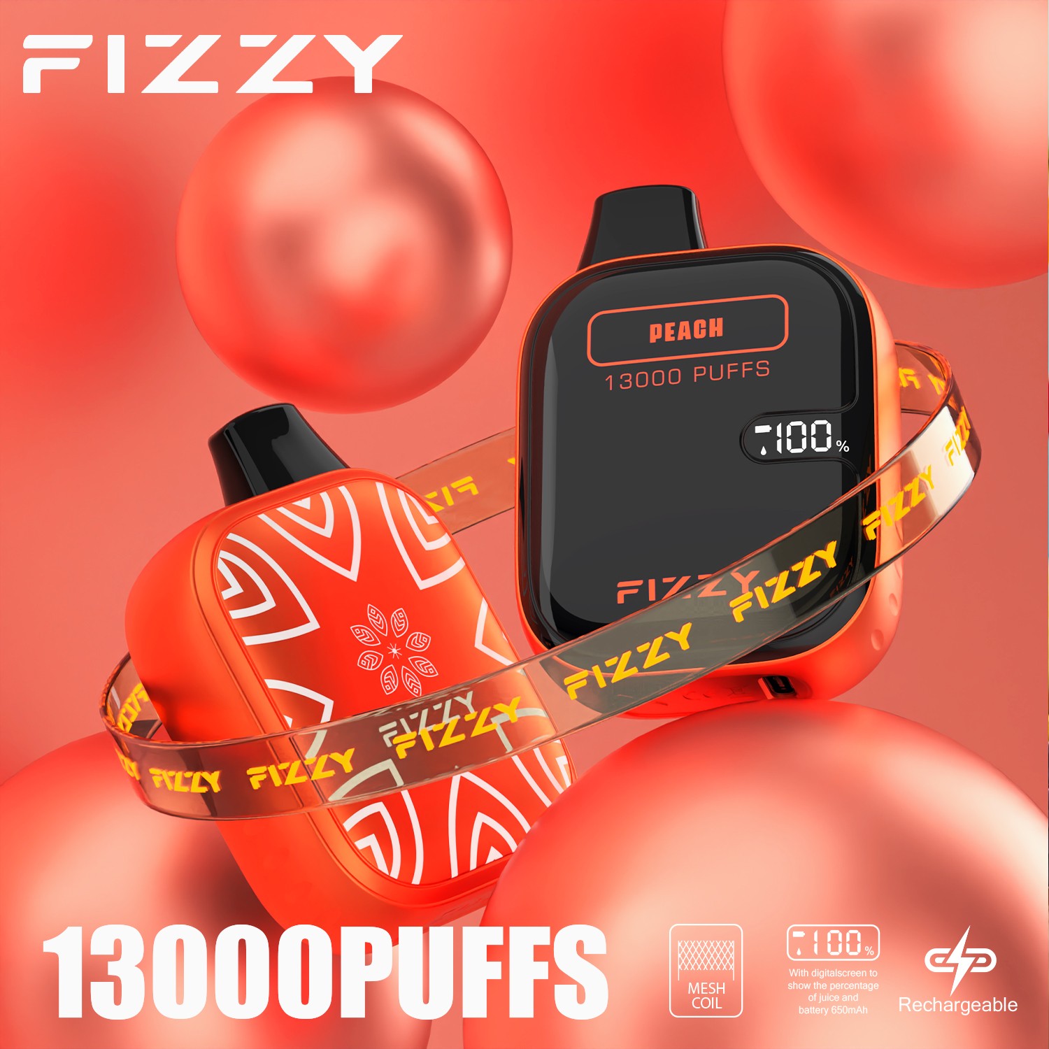 Fizzy Boom 13000 13K Puffs Small Edition LCD Display Disposable Vape in Peach flavor