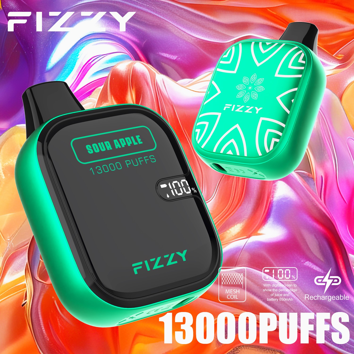 Fizzy Boom 13000 13K Puffs Small Edition LCD Display Disposable Vape in Sour Apple flavor