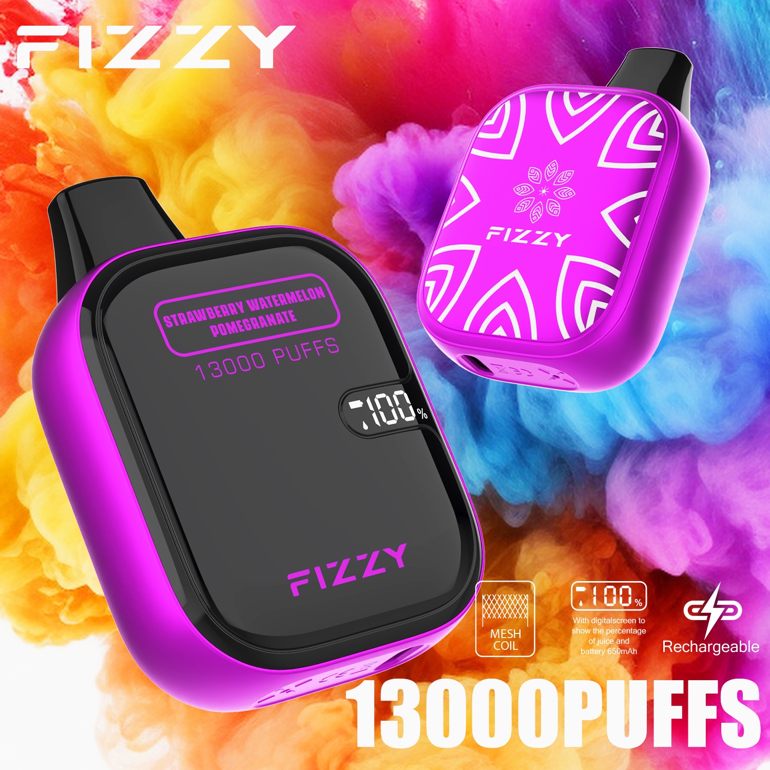 Fizzy Boom 13000 13K Puffs Small Edition LCD Display Disposable Vape in Strawberry Watermelon Pomegranate flavor