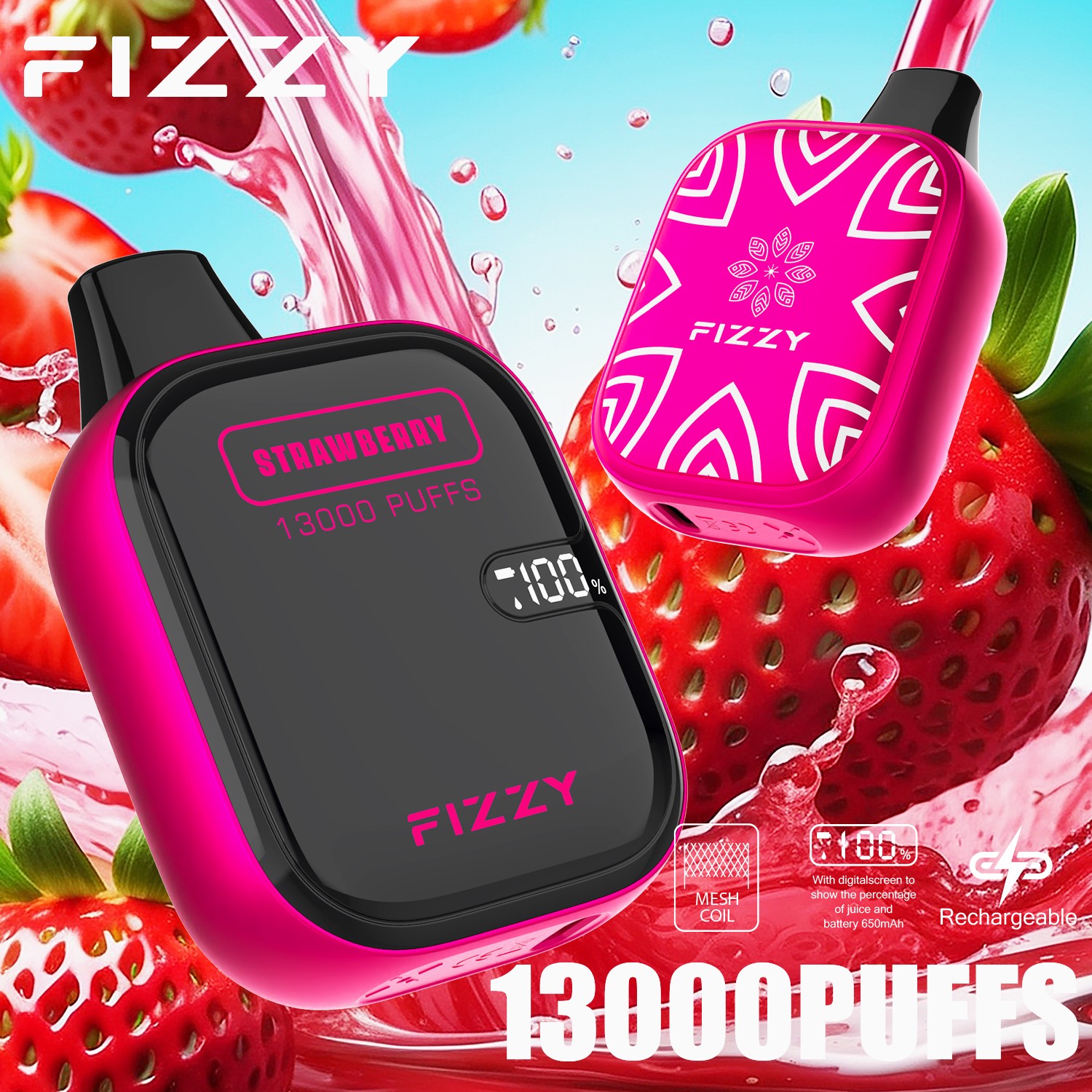 Fizzy Boom 13000 13K Puffs Small Edition LCD Display Disposable Vape in Strawberry flavor