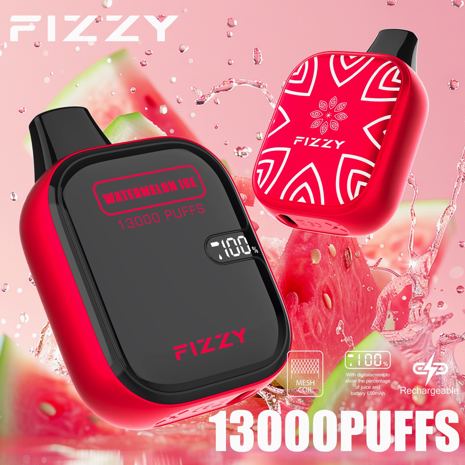Fizzy Boom 13000 13K Puffs Small Edition LCD Display Disposable Vape in Watermelon Ice flavor