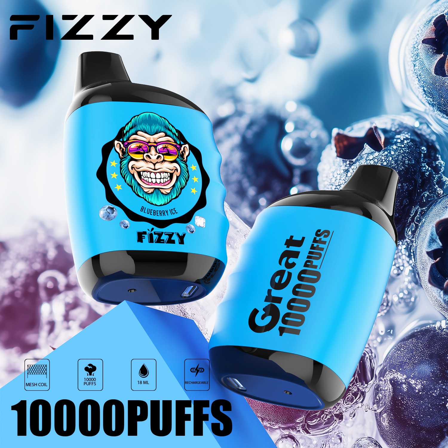 Fizzy Great 10000 10K Puffs 2% 5% Nicotine Edition Disposable Vape in Blueberry Ice flavor