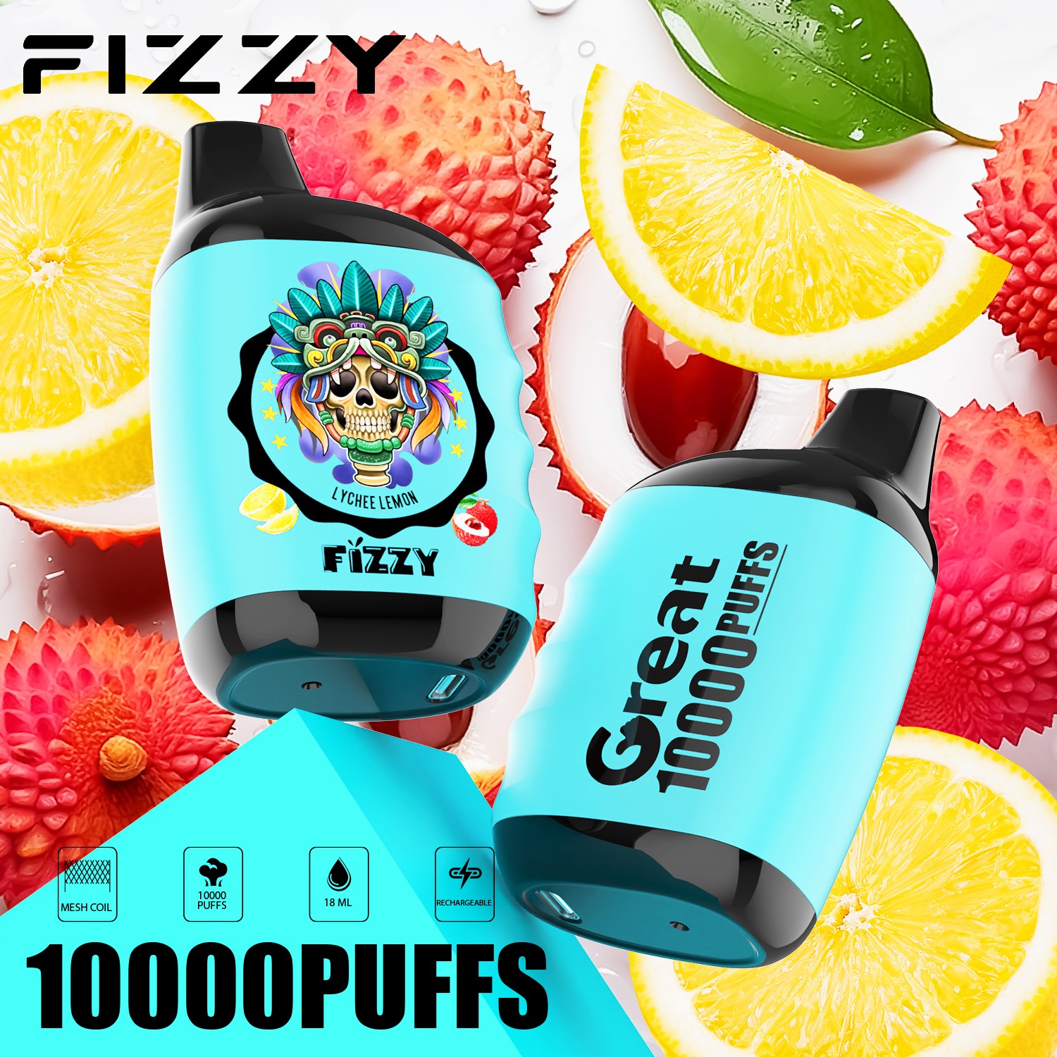 Fizzy Great 10000 10K Puffs 2% 5% Nicotine Edition Disposable Vape in fizzy great 10000 lychee lemon flavor