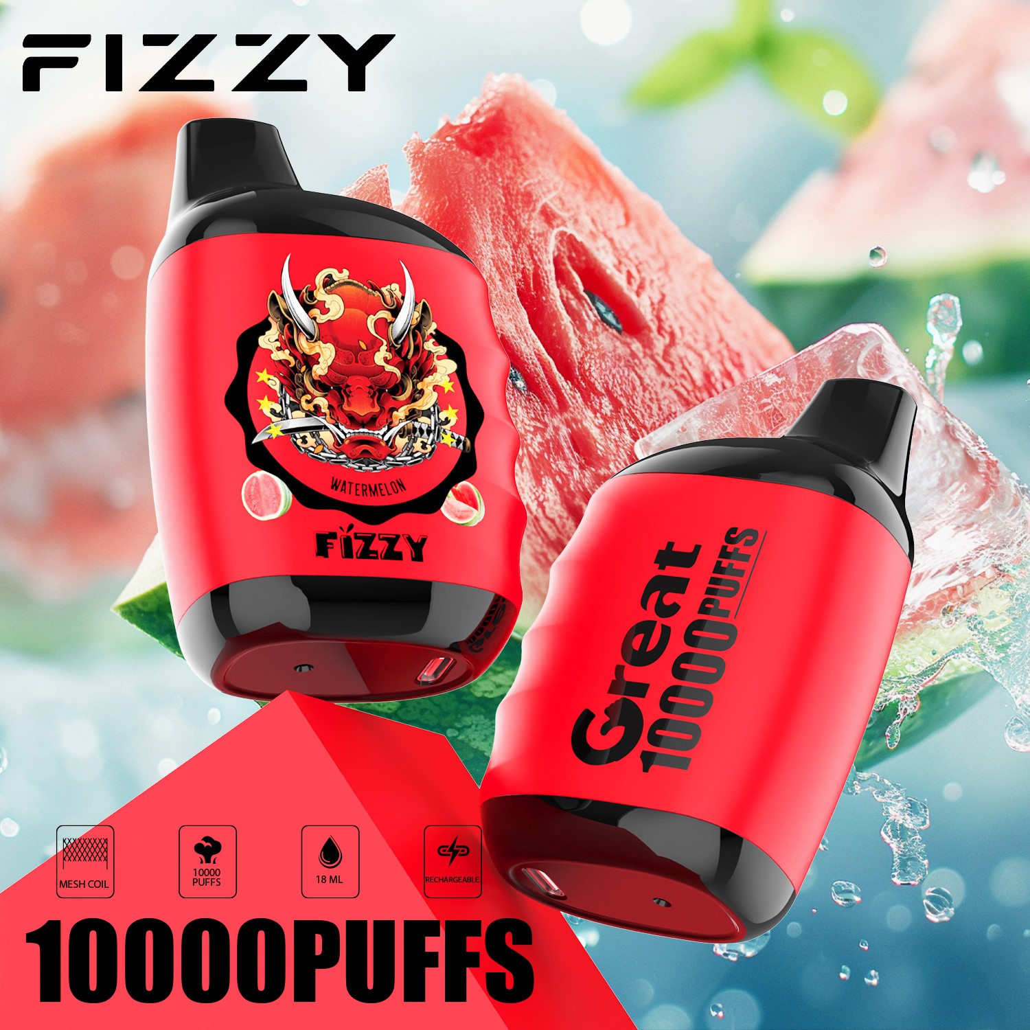 Fizzy Great 10000 10K Puffs 2% 5% Nicotine Edition Disposable Vape in fizzy great 10000 watermelon flavor