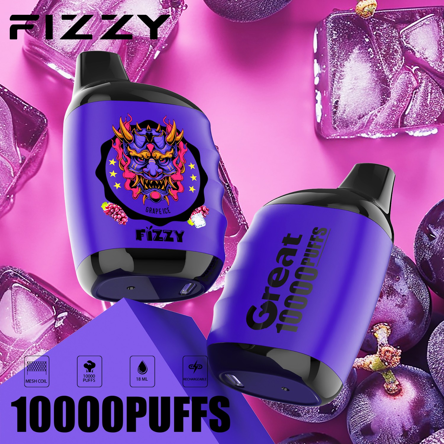 Fizzy Great 10000 10K Puffs 2% 5% Nicotine Edition Disposable Vape in Grape Ice flavor