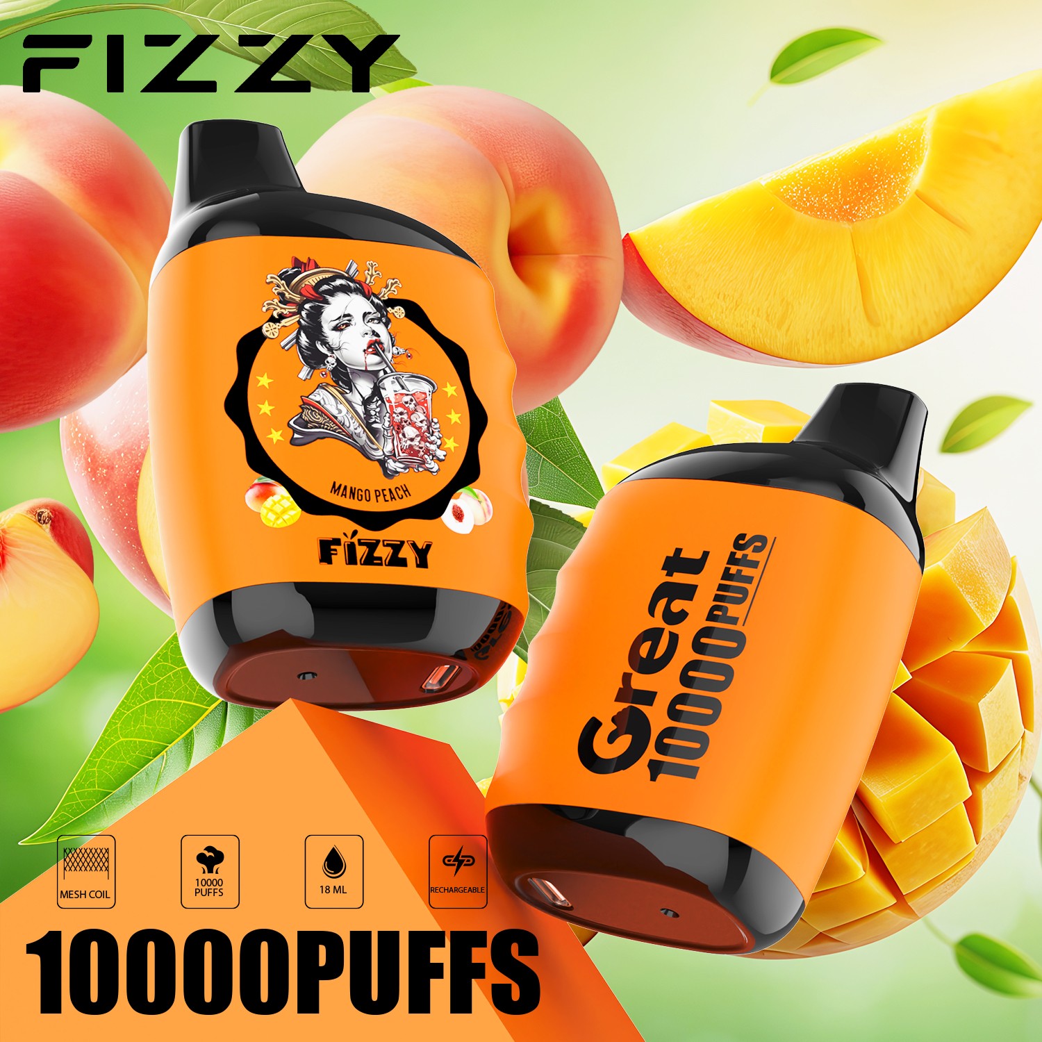 Fizzy Great 10000 10K Puffs 2% 5% Nicotine Edition Disposable Vape in Mango Peach flavor