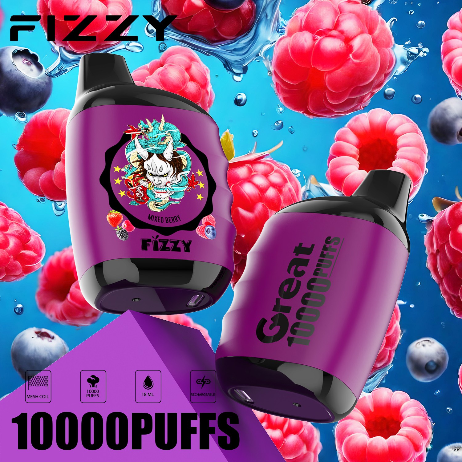 Fizzy Great 10000 10K Puffs 2% 5% Nicotine Edition Disposable Vape in Mixed Berry flavor