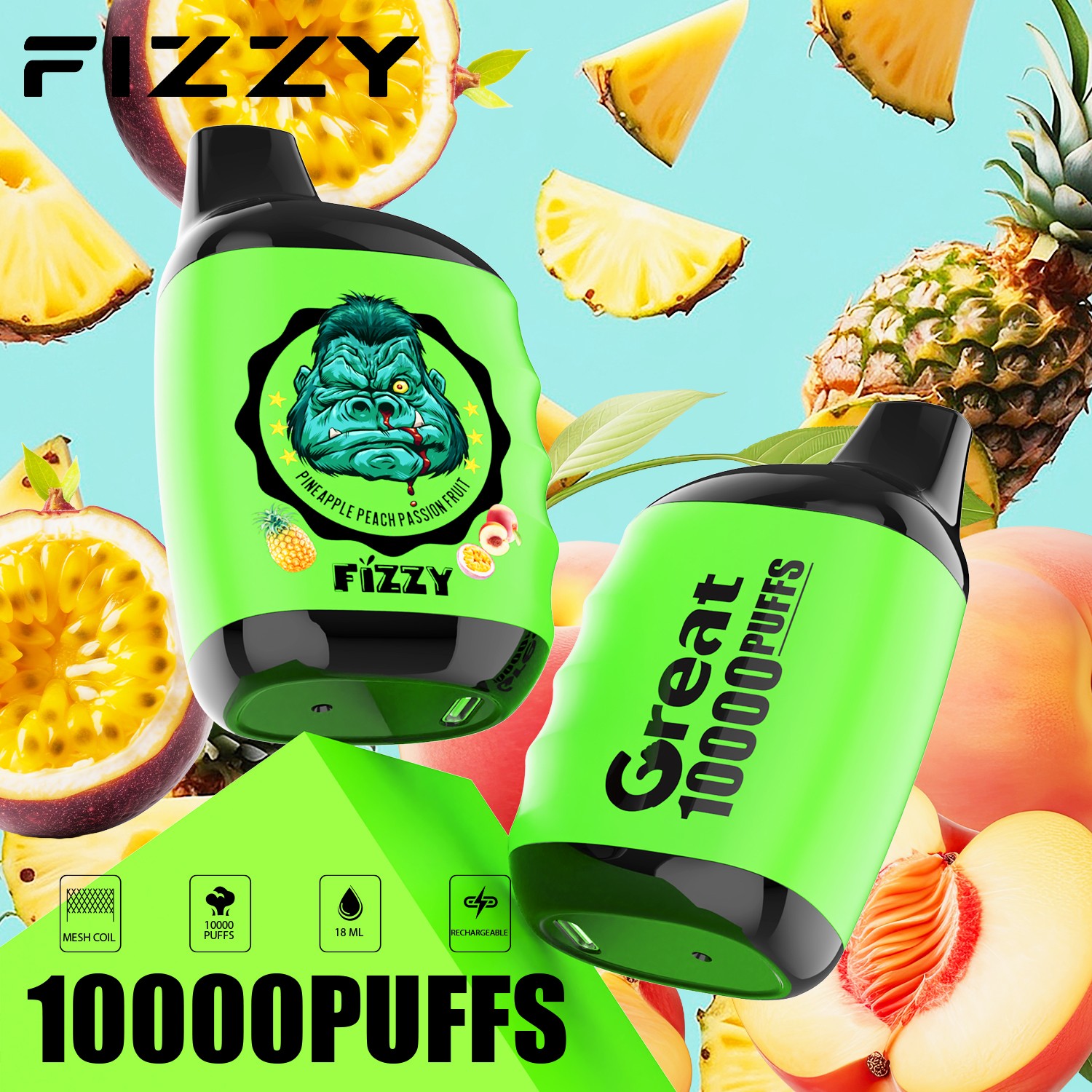 Fizzy Great 10000 10K Puffs 2% 5% Nicotine Edition Disposable Vape in Pineapple Peach Passion Fruit flavor