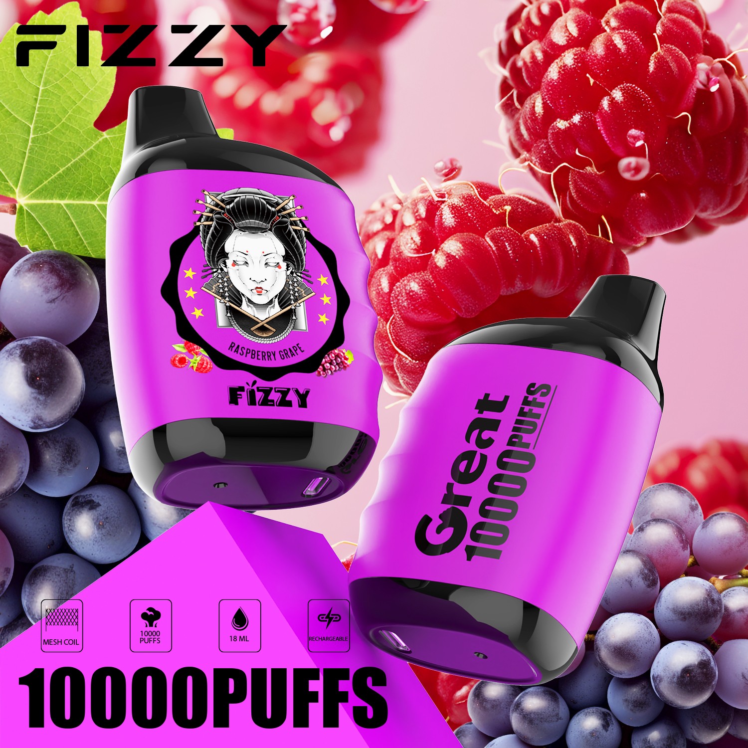 Fizzy Great 10000 10K Puffs 2% 5% Nicotine Edition Disposable Vape in Raspberry Grape flavor