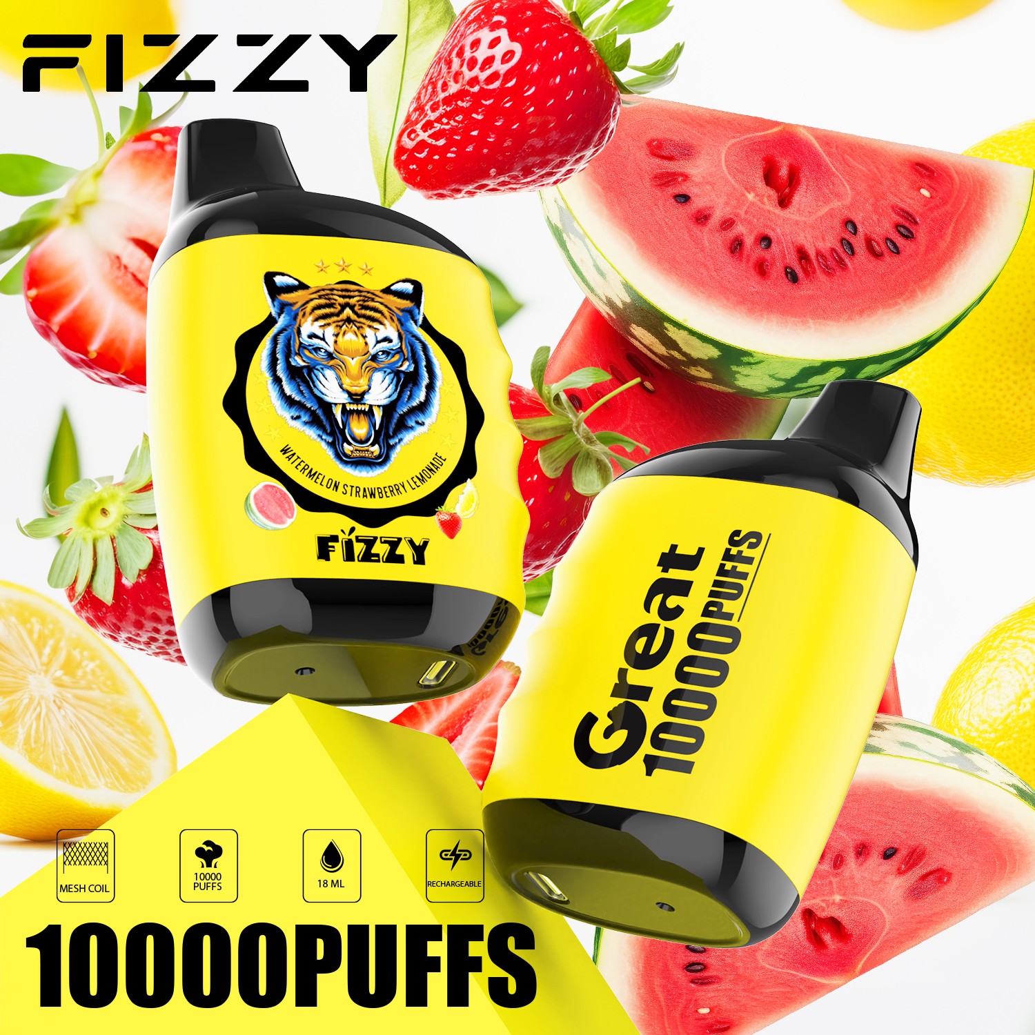 Fizzy Great 10000 10K Puffs 2% 5% Nicotine Edition Disposable Vape in Watermelon Strawberry Lemonade flavor