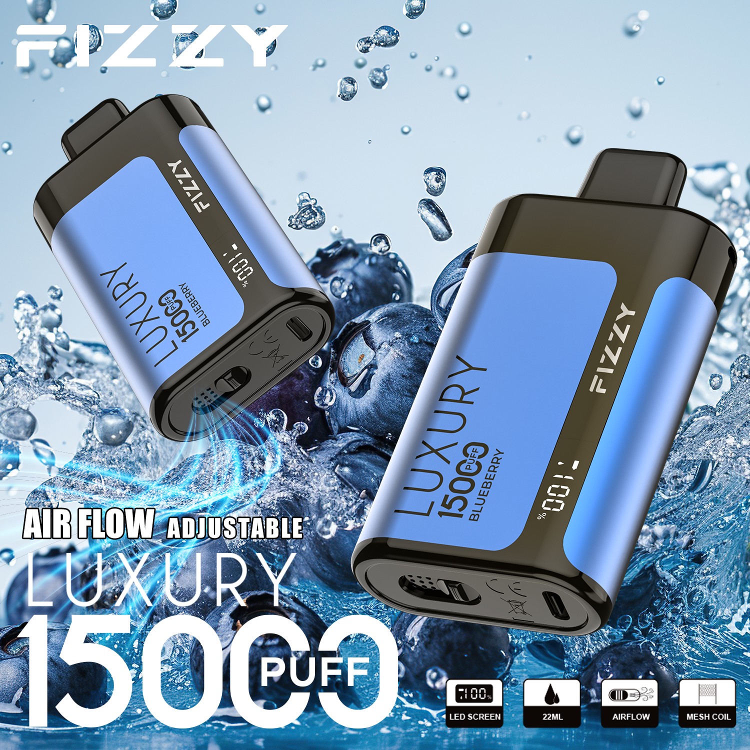 Fizzy Luxury 15000 15K Puffs Edition LCD Display Disposable Vape in 1. Blueberry Raspberry flavor