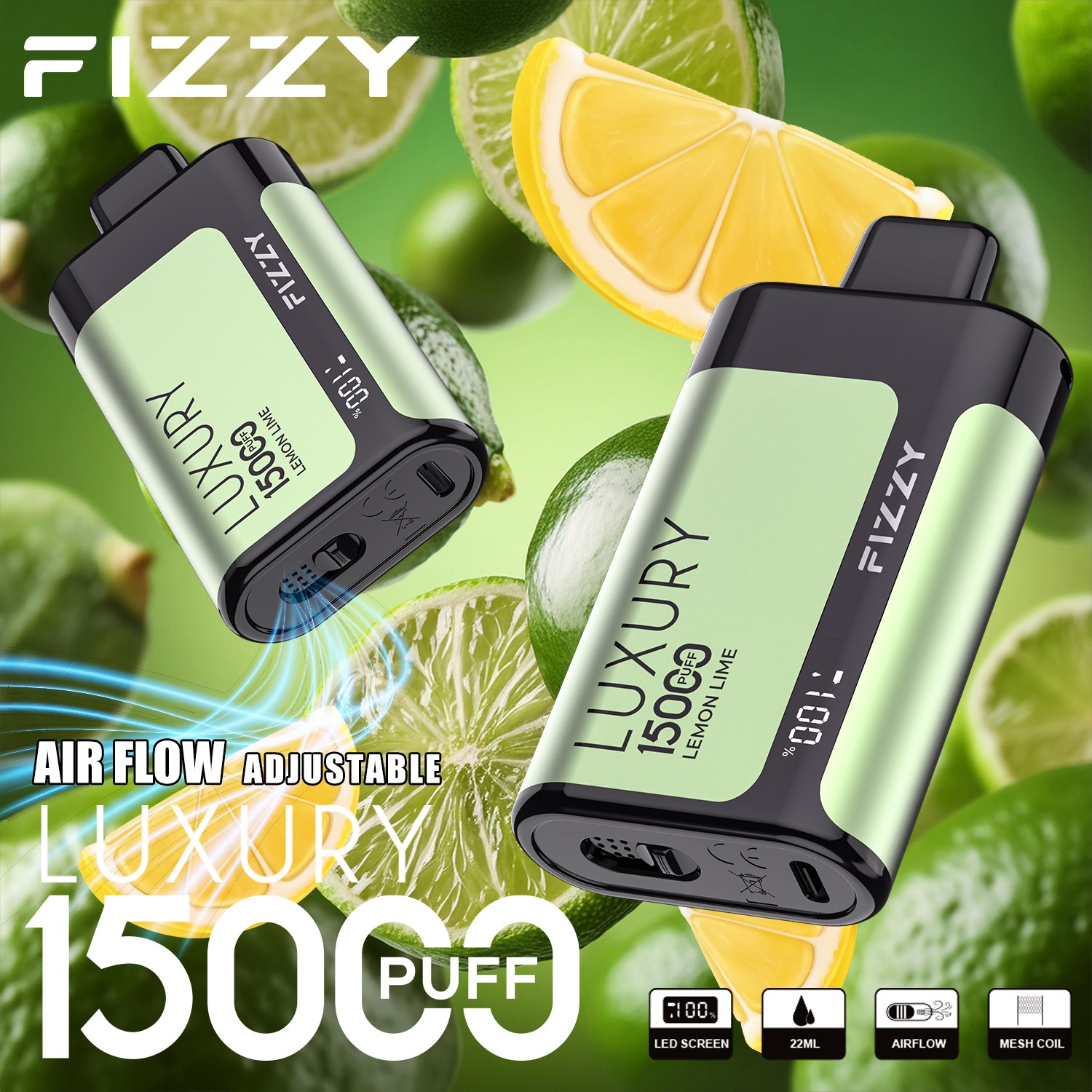 Fizzy Luxury 15000 15K Puffs Edition LCD Display Disposable Vape in 10. Lemon Lime flavor