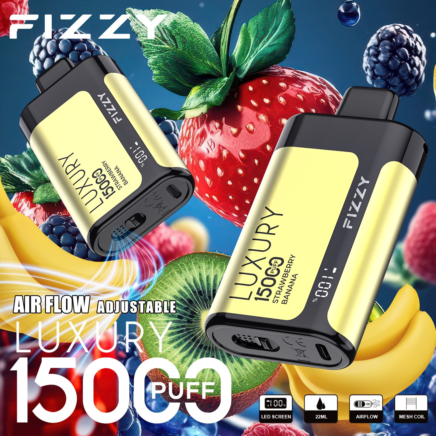 Fizzy Luxury 15000 15K Puffs Edition LCD Display Disposable Vape in 11. Strawberry Banana flavor