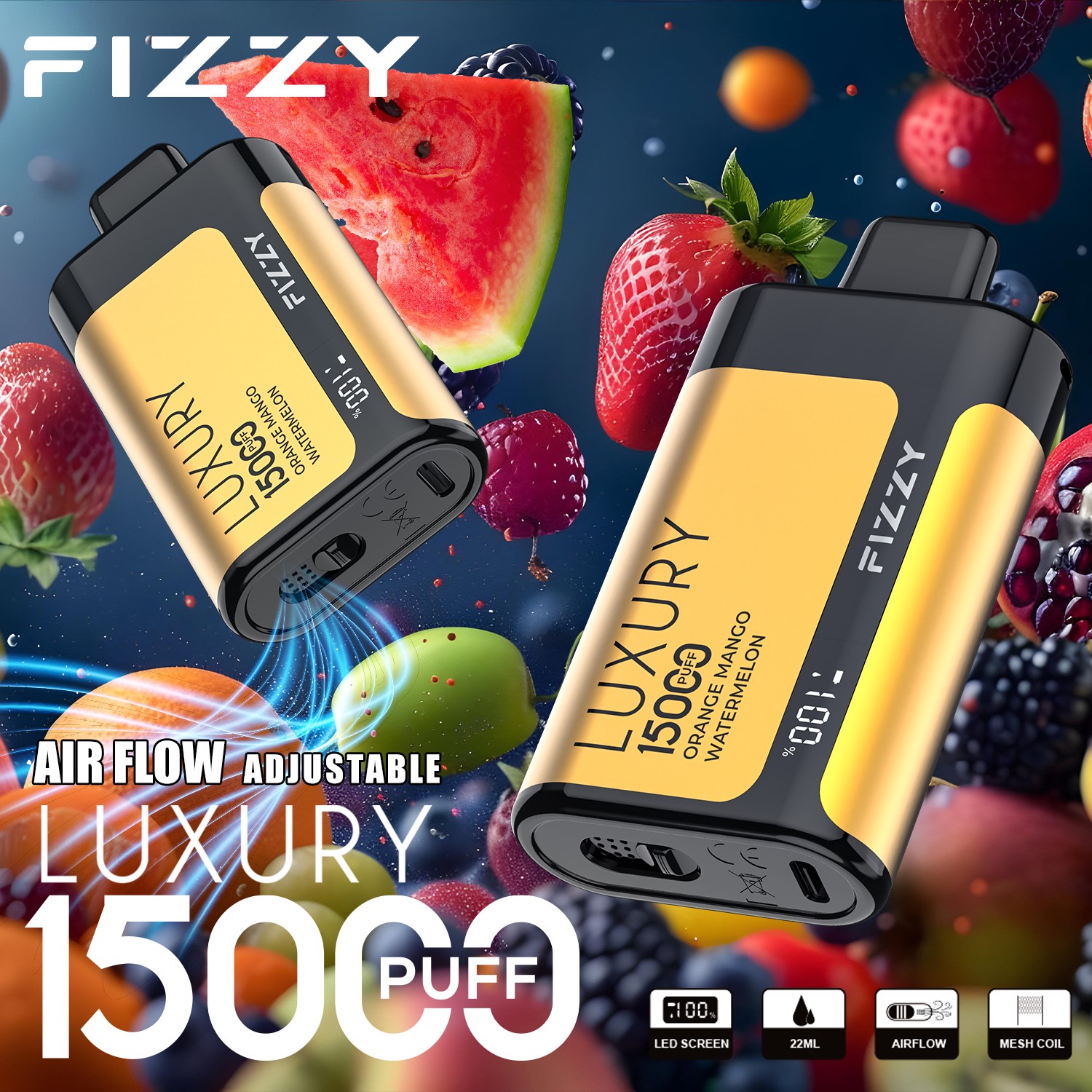Fizzy Luxury 15000 15K Puffs Edition LCD Display Disposable Vape in 12. Orange Mango Watermelon flavor