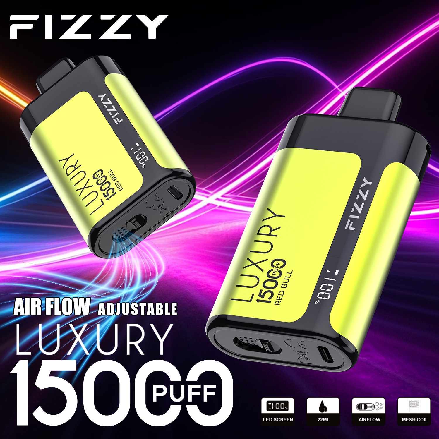 Fizzy Luxury 15000 15K Puffs Edition LCD Display Disposable Vape in 13. Red Bull flavor