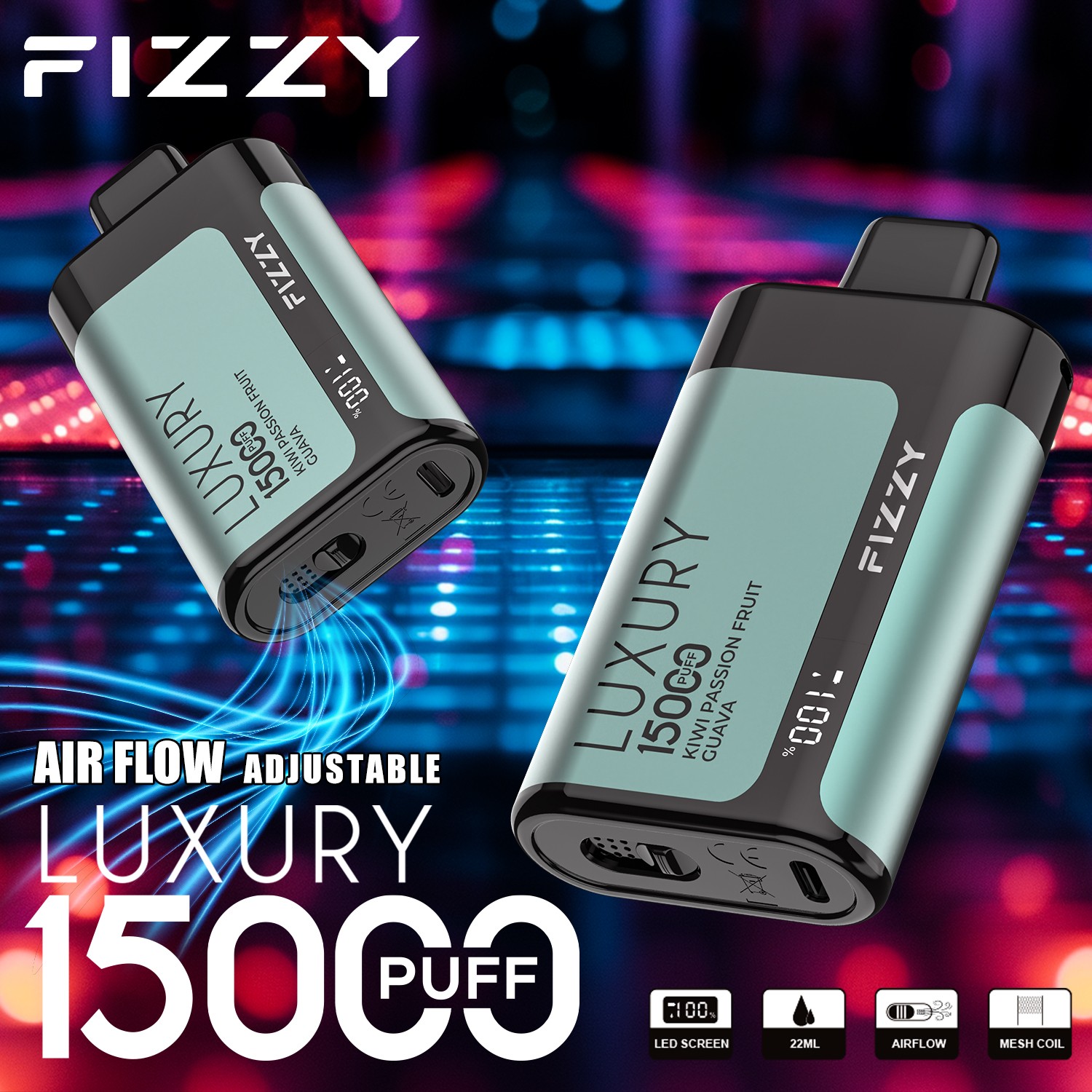 Fizzy Luxury 15000 15K Puffs Edition LCD Display Disposable Vape in 15. Kiwi Passion Fruit Guava flavor