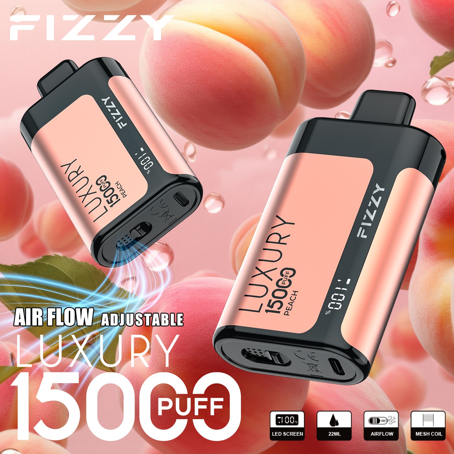 Fizzy Luxury 15000 15K Puffs Edition LCD Display Disposable Vape in 2. Peach flavor