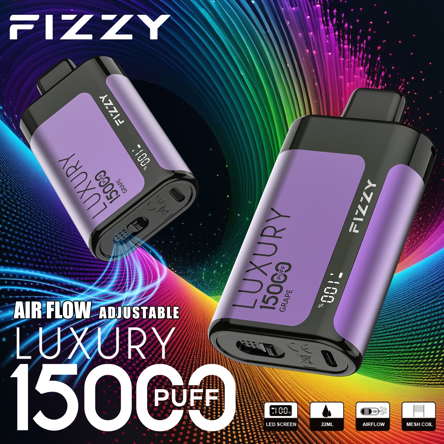 Fizzy Luxury 15000 15K Puffs Edition LCD Display Disposable Vape in 3. Grape flavor