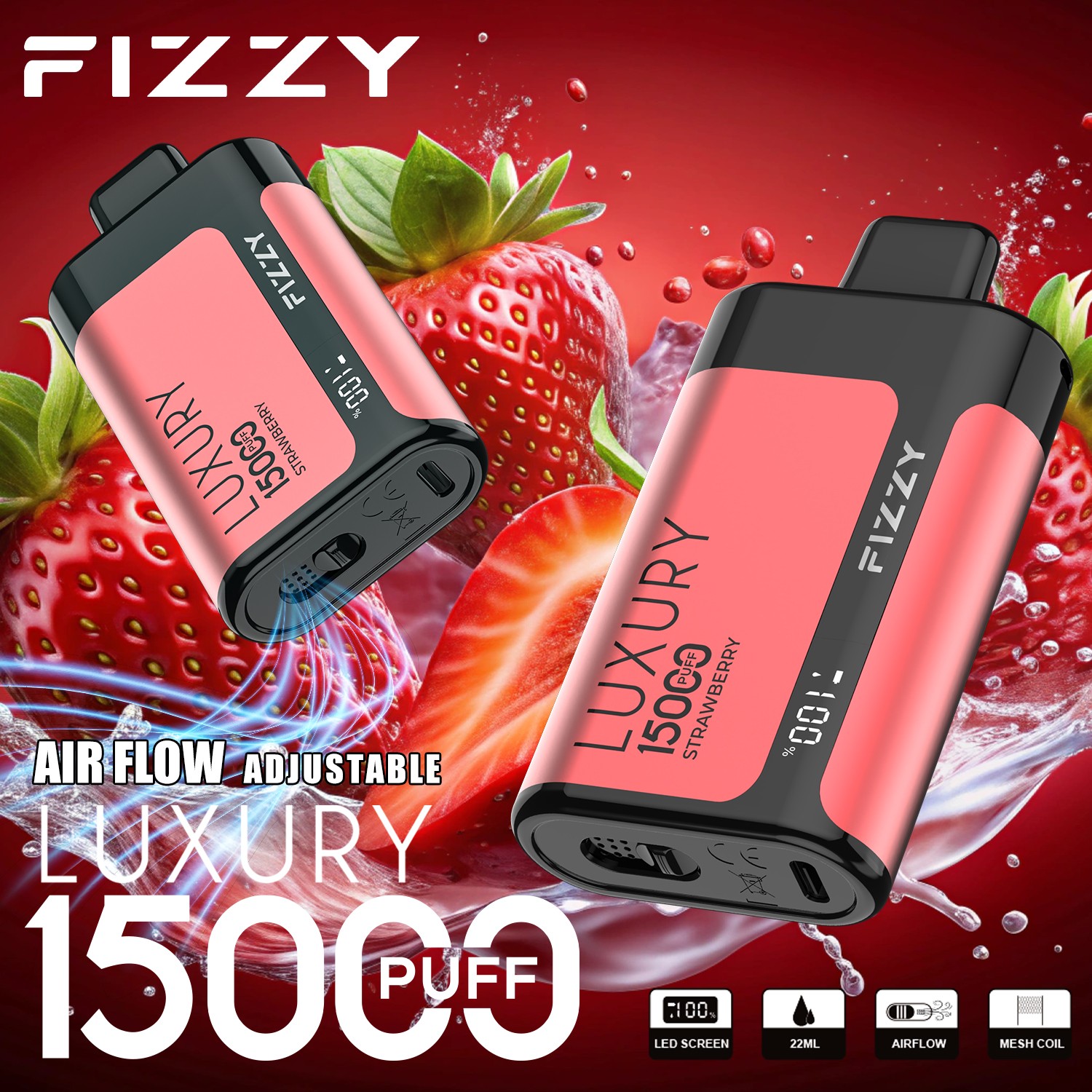 Fizzy Luxury 15000 15K Puffs Edition LCD Display Disposable Vape in 5. Strawberry flavor