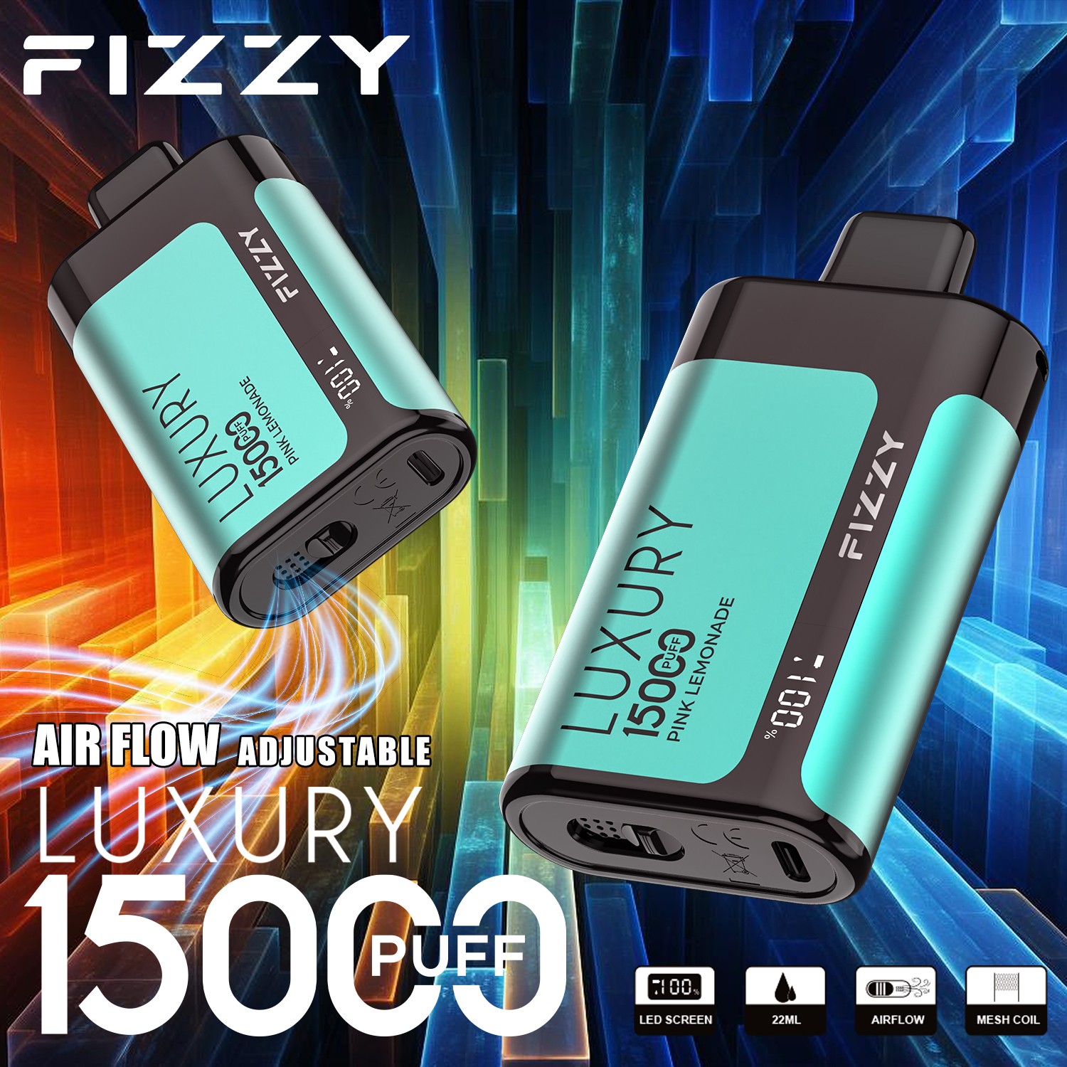 Fizzy Luxury 15000 15K Puffs Edition LCD Display Disposable Vape in 7. Raspberry Lemonade flavor