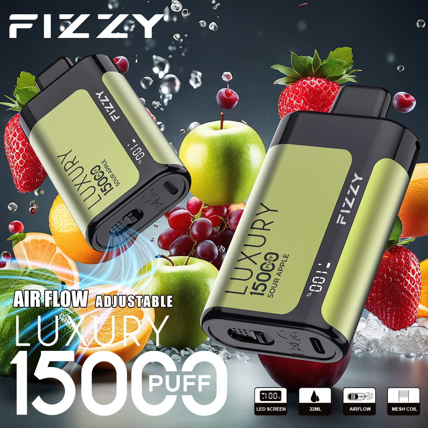 Fizzy Luxury 15000 15K Puffs Edition LCD Display Disposable Vape in 8. Sour Apple flavor