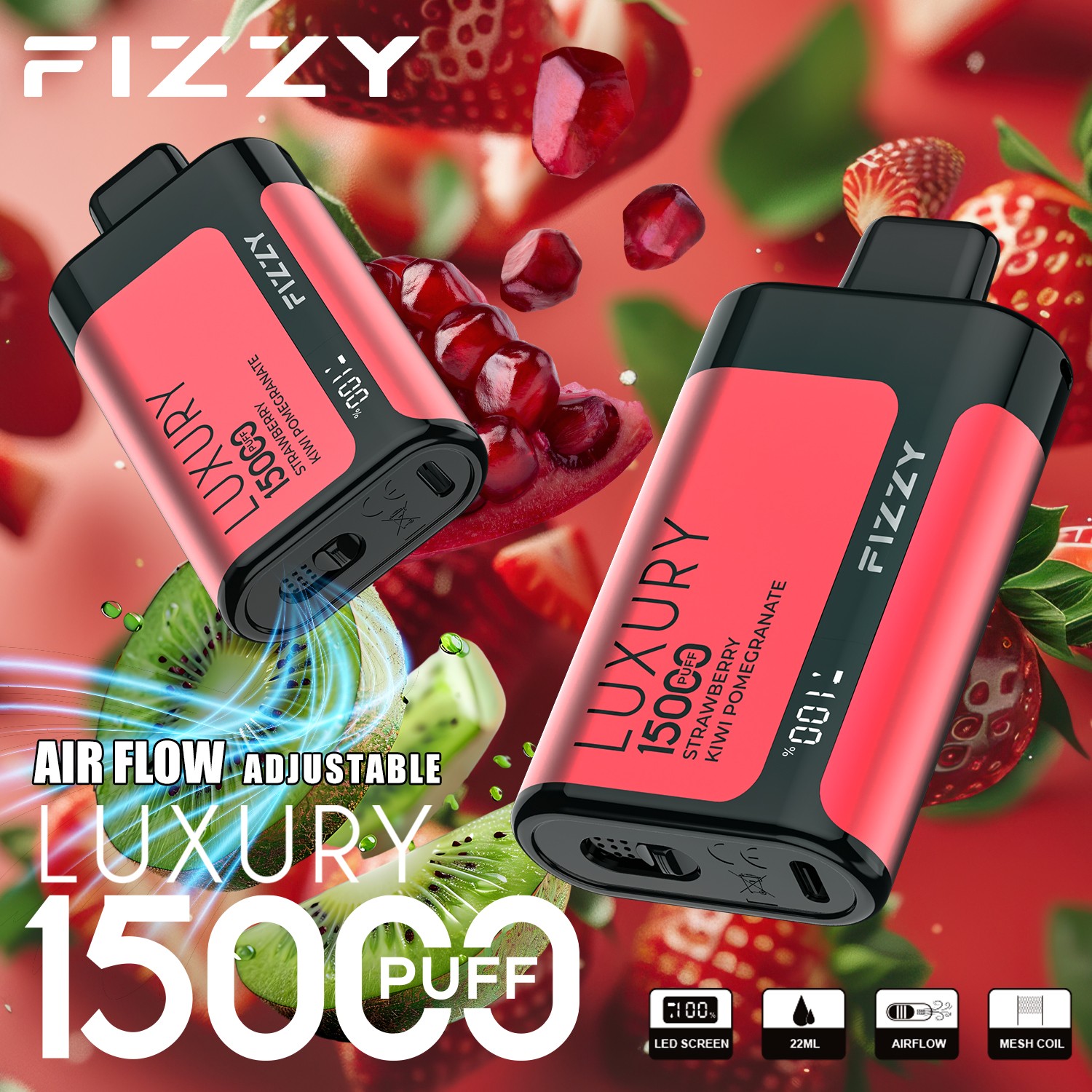 Fizzy Luxury 15000 15K Puffs Edition LCD Display Disposable Vape in 9. Strawberry Kiwi Pomegranate flavor