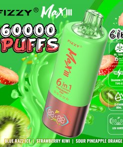 Fizzy Max lll 60k 60000 Puffs 6 in 1 Flavors Rechargeable LED Display Disposable Vape in Blue Razz Ice & Strawberry Kiwi & Sour Pineapple Orange flavor