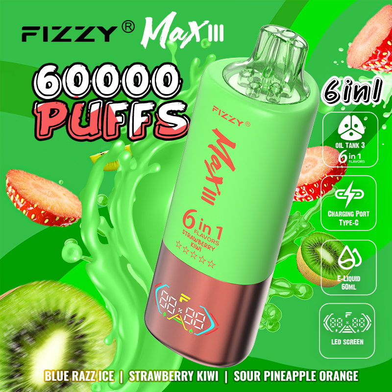 Fizzy Max lll 60k 60000 Puffs 6 in 1 Flavors Rechargeable LED Display Disposable Vape in Blue Razz Ice & Strawberry Kiwi & Sour Pineapple Orange flavor