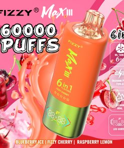Fizzy Max lll 60k 60000 Puffs 6 in 1 Flavors Rechargeable LED Display Disposable Vape in Blueberry Ice & Fizzy Cherry & Raspberry Lemon flavor