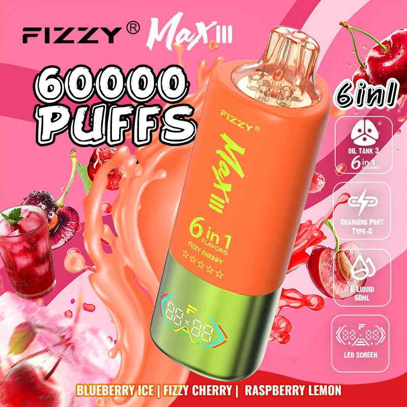 Fizzy Max lll 60k 60000 Puffs 6 in 1 Flavors Rechargeable LED Display Disposable Vape in Blueberry Ice & Fizzy Cherry & Raspberry Lemon flavor