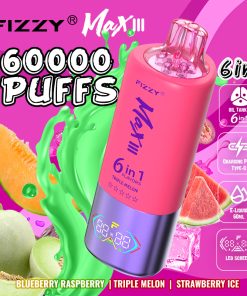 Fizzy Max lll 60k 60000 Puffs 6 in 1 Flavors Rechargeable LED Display Disposable Vape in Blueberry Raspberry & Triple Melon & Strawberry Ice flavor
