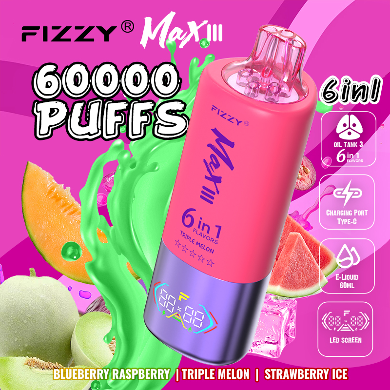 Fizzy Max lll 60k 60000 Puffs 6 in 1 Flavors Rechargeable LED Display Disposable Vape in Blueberry Raspberry & Triple Melon & Strawberry Ice flavor