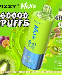 Fizzy Max lll 60k 60000 Puffs 6 in 1 Flavors Rechargeable LED Display Disposable Vape in Mixed Berry & Kiwi Passion Fruit Guava & Strawberry Watermelon