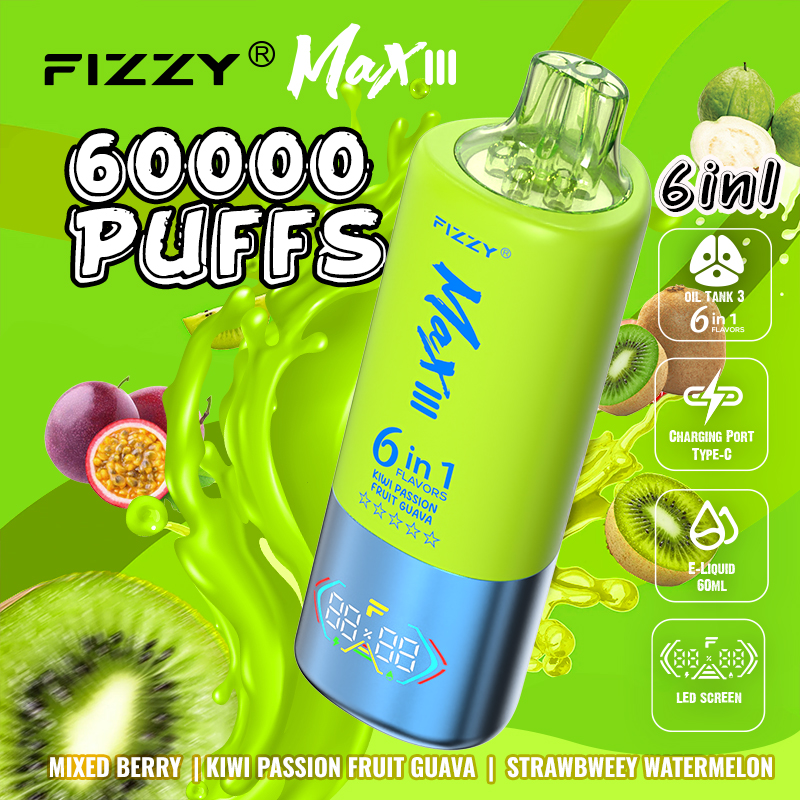 Fizzy Max lll 60k 60000 Puffs 6 in 1 Flavors Rechargeable LED Display Disposable Vape in Mixed Berry & Kiwi Passion Fruit Guava & Strawberry Watermelon