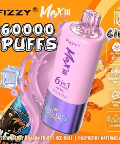 Fizzy Max lll 60k 60000 Puffs 6 in 1 Flavors Rechargeable LED Display Disposable Vape in Strawberry Dragon Fruit & Red Bull & Raspberry Watermelon flavor