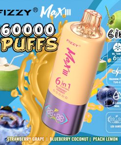 Fizzy Max lll 60k 60000 Puffs 6 in 1 Flavors Rechargeable LED Display Disposable Vape in Strawberry Grape & Blueberry Coconut & Peach Lemon flavor