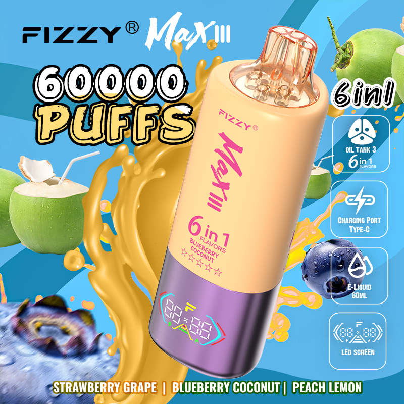 Fizzy Max lll 60k 60000 Puffs 6 in 1 Flavors Rechargeable LED Display Disposable Vape in Strawberry Grape & Blueberry Coconut & Peach Lemon flavor