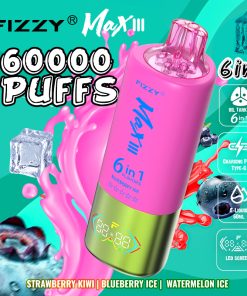 Fizzy Max lll 60k 60000 Puffs 6 in 1 Flavors Rechargeable LED Display Disposable Vape in Strawberry Kiwi & Blueberry Ice & Watermelon Ice flavor