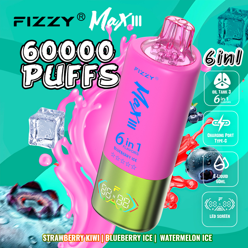 Fizzy Max lll 60k 60000 Puffs 6 in 1 Flavors Rechargeable LED Display Disposable Vape in Strawberry Kiwi & Blueberry Ice & Watermelon Ice flavor