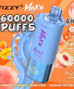 Fizzy Max lll 60k 60000 Puffs 6 in 1 Flavors Rechargeable LED Display Disposable Vape in Strawberry Raspberry & Mango Peach & Blueberry Watermelon flavor