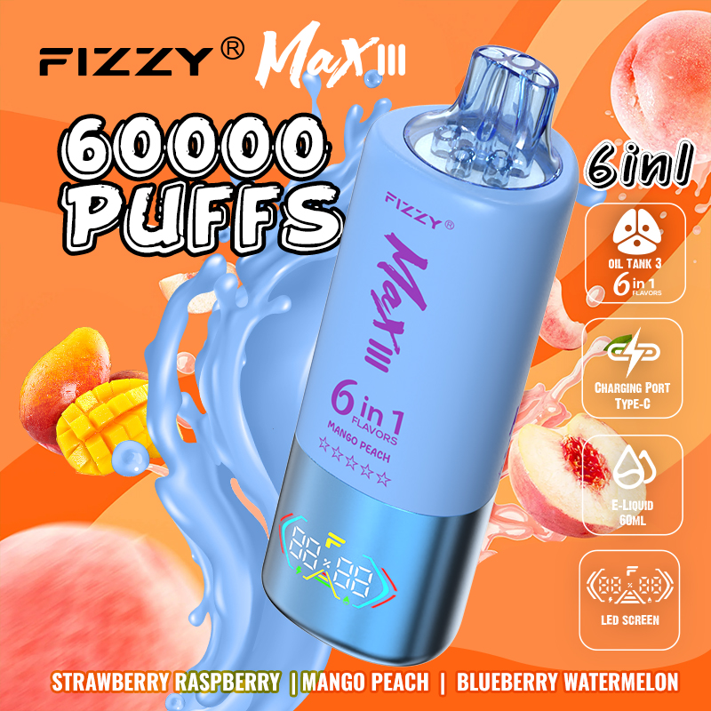 Fizzy Max lll 60k 60000 Puffs 6 in 1 Flavors Rechargeable LED Display Disposable Vape in Strawberry Raspberry & Mango Peach & Blueberry Watermelon flavor