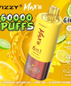 Fizzy Max lll 60k 60000 Puffs 6 in 1 Flavors Rechargeable LED Display Disposable Vape in Strawberry Watermelon & Lemon Lime & Blueberry Coconut flavor