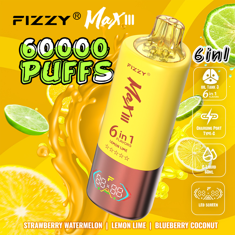 Fizzy Max lll 60k 60000 Puffs 6 in 1 Flavors Rechargeable LED Display Disposable Vape in Strawberry Watermelon & Lemon Lime & Blueberry Coconut flavor