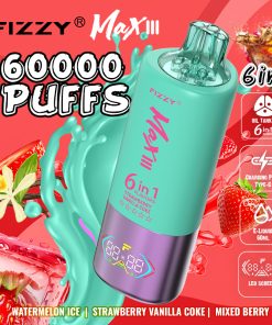 Fizzy Max lll 60k 60000 Puffs 6 in 1 Flavors Rechargeable LED Display Disposable Vape in Watermelon Ice & Strawberry Vanilla Coke & Mixed Berry flavor