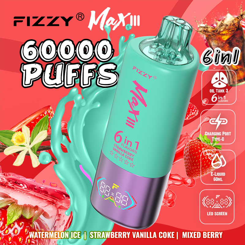 Fizzy Max lll 60k 60000 Puffs 6 in 1 Flavors Rechargeable LED Display Disposable Vape in Watermelon Ice & Strawberry Vanilla Coke & Mixed Berry flavor