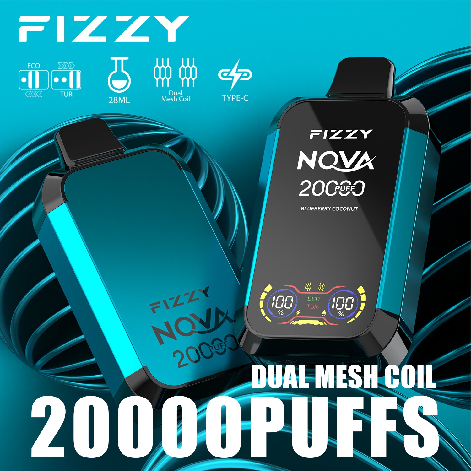 Fizzy Nova 20000 (20.000 boccate) – Edizione con doppio mesh e display LCD – Sigaretta elettronica usa e getta al gusto mirtillo e cocco