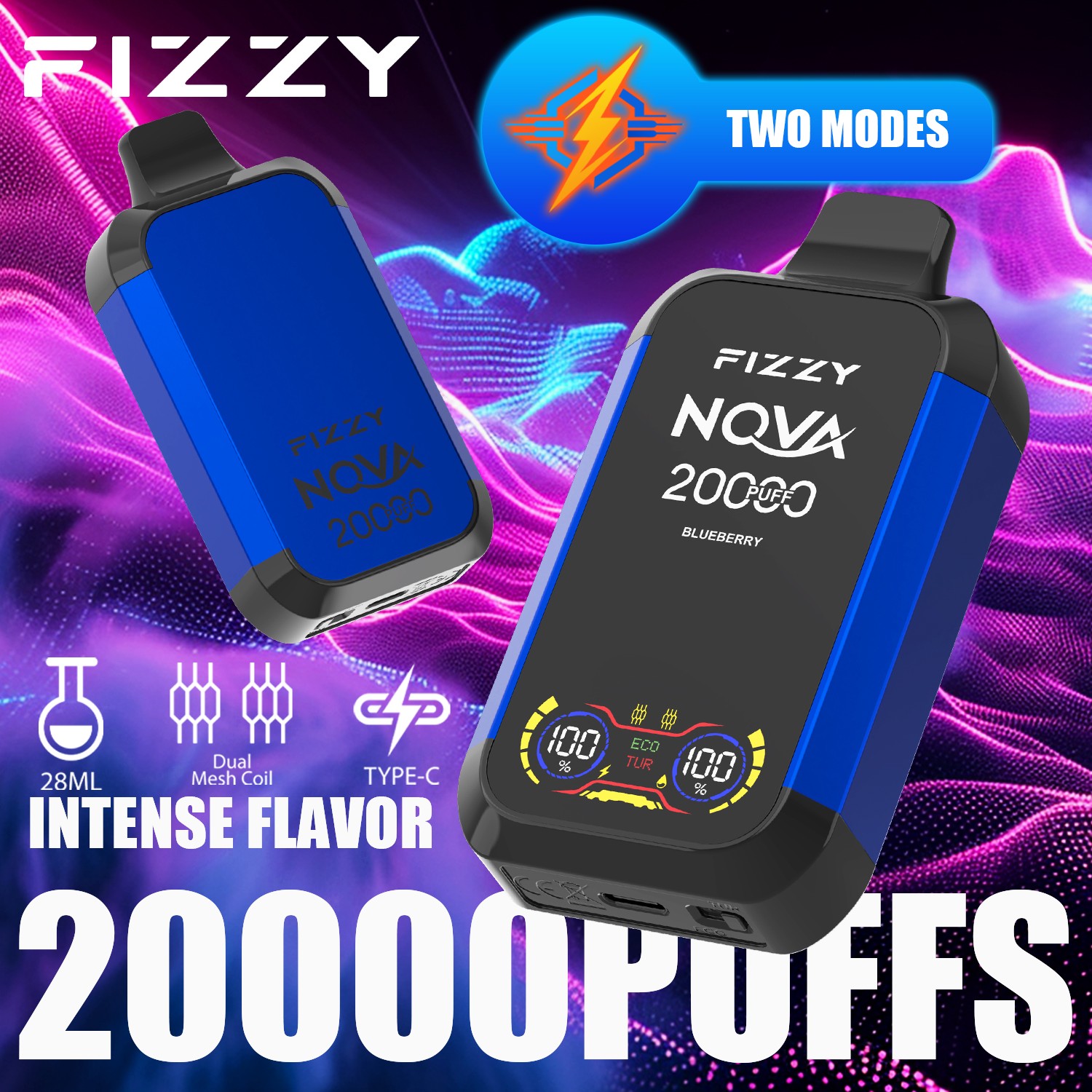 Fizzy Nova 20000 (20.000 boccate) – Edizione con doppio filtro a rete e display LCD – Sigaretta elettronica usa e getta al gusto di mirtillo