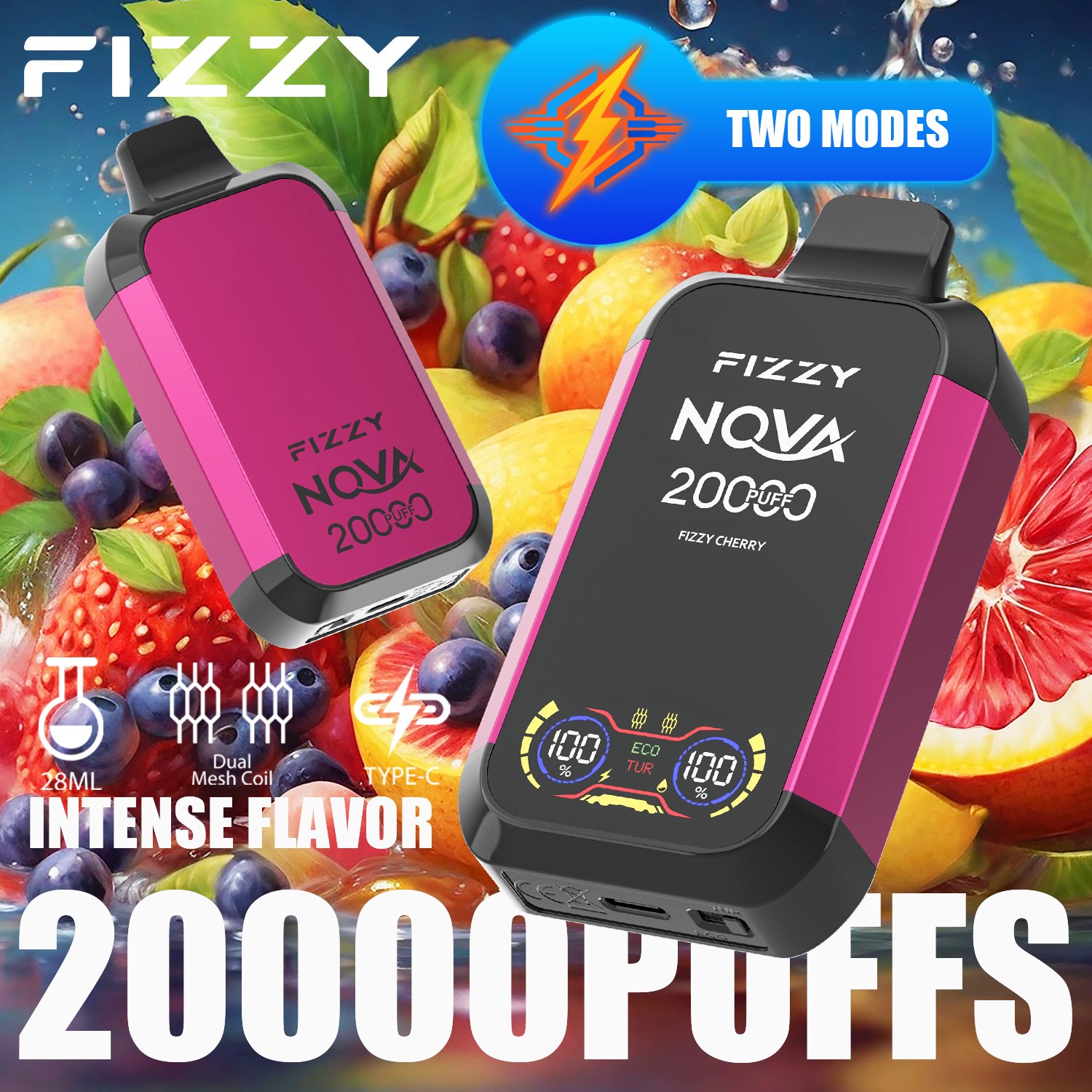 Fizzy Nova 20000 (20.000 boccate) – Edizione Dual Mesh con display LCD – Sigaretta elettronica usa e getta al gusto Fizzy Cherry